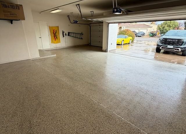 Two-car flake epoxy garage floor by Epoxee El Paso TX