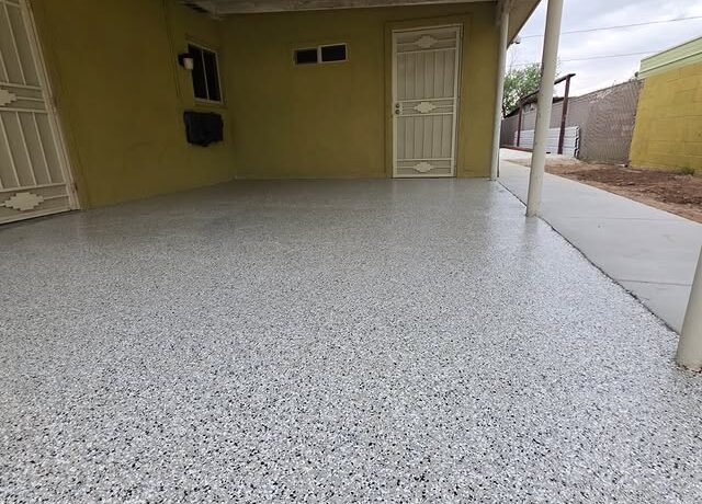 Flake epoxy carport floor coating in El Paso by Epoxee