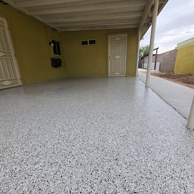 Flake epoxy carport floor coating by Epoxee
