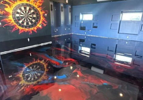 Custom Red and Blue Metallic Epoxy Game Room installed by Epoxee in El Paso, TX