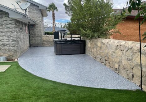 Light Gray Flake Epoxy Patio and Hot Tub Deck installed by Epoxee in El Paso, TX